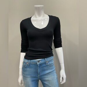 Perfectwhitetee Viola Ribbed Cotton Black Long Sleeve V-Neck Top Made In The USA